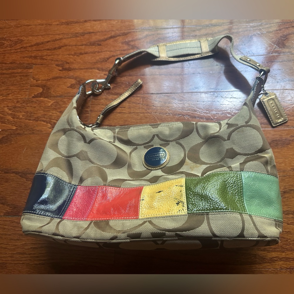 Coach Tan Signature Canvas Shoulder Bag with Multicolor Leather Stripe